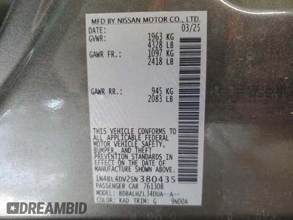 ✅ 2025 Nissan Altima SV • VIN: 1N4BL4DV2SN380435 • Лот: 93714865. Опубликован ранее на Copart с пробегом 12 162 миль. Бесплатный доступ к архиву аукционных продаж из США и подробный отчёт об истории автомобиля на DreamBid. Изображение 13.