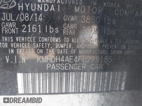 ✅ 2015 Hyundai Elantra Limited • VIN: KMHDH4AE4FU279185 • Lot: 43235848. Listed on IAAI with 134,289 mi. Free auction sales archive from the USA and detailed vehicle history report at DreamBid. Image 9.