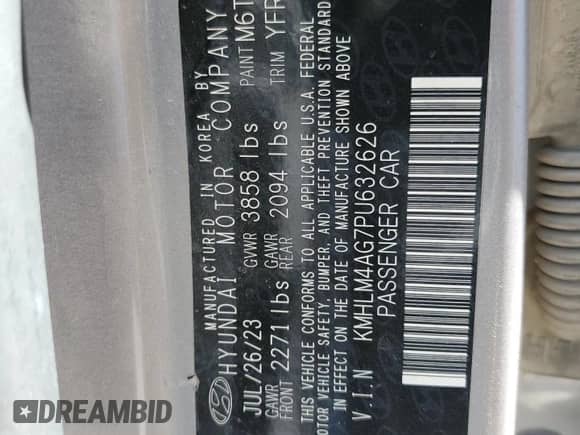 2023 Hyundai Elantra SEL с VIN KMHLM4AG7PU632626, выставлен на аукционе Copart как лот 69831145 с пробегом 116 995 миль миль и Списание • Salvage title. История ставок и продаж доступна на DreamBid. Изображение 13.