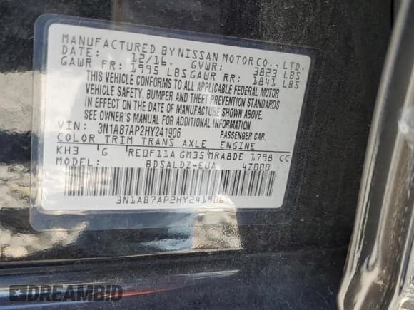 ✅ 2017 Nissan Sentra S • VIN: 3N1AB7AP2HY241906 • Lot: 60789475. Listed on Copart with 113,318 mi. Free auction sales archive from the USA and detailed vehicle history report at DreamBid. Image 12.