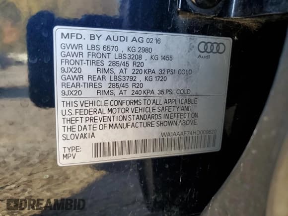 ✅ 2017 Audi Q7 Premium • VIN: WA1AAAF74HD009620 • Lot: 93018795. Listed on Copart with 122,634 mi. Free auction sales archive from the USA and detailed vehicle history report at DreamBid. Image 12.