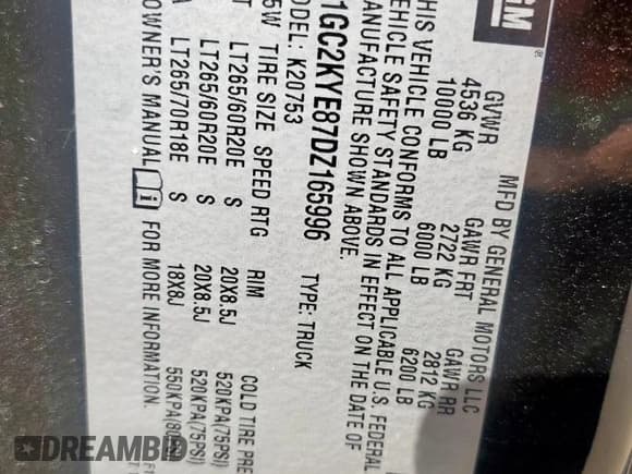 ✅ 2013 Chevrolet Silverado 2500HD LTZ • VIN: 1GC2KYE87DZ165996 • Lot: 92822315. Listed on Copart with 165,197 mi. Free auction sales archive from the USA and detailed vehicle history report at DreamBid. Image 12.