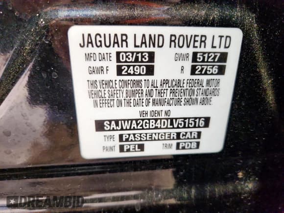 ✅ 2013 Jaguar XJ Portfolio • VIN: SAJWA2GB4DLV51516 • Lot: 60646925. Listed on Copart with 141,309 mi. Free auction sales archive from the USA and detailed vehicle history report at DreamBid. Image 12.