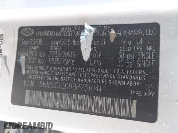 ✅ 2009 Hyundai Santa Fe GLS • VIN: 5NMSG13D99H251041 • Lot: 43546618. Listed on IAAI with 185,477 mi. Free auction sales archive from the USA and detailed vehicle history report at DreamBid. Image 9.