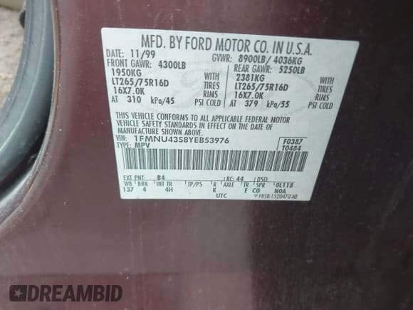 ✅ 2000 Ford Excursion Limited • VIN: 1FMNU43S8YEB53976 • Лот: 42979589. Опубликован ранее на IAAI с пробегом 265 877 миль. Бесплатный доступ к архиву аукционных продаж из США и подробный отчёт об истории автомобиля на DreamBid. Изображение 9.