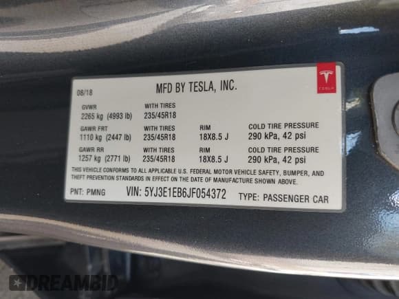 ✅ 2018 Tesla Model 3 Long Range Battery • VIN: 5YJ3E1EB6JF054372 • Lot: 43531884. Listed on IAAI with 87,672 mi. Free auction sales archive from the USA and detailed vehicle history report at DreamBid. Image 9.