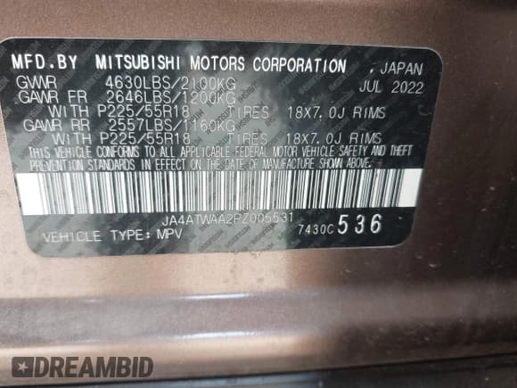 ✅ 2023 Mitsubishi Eclipse Cross SE • VIN: JA4ATWAA2PZ005531 • Lot: 43037233. Listed on IAAI with 34,389 mi. Free auction sales archive from the USA and detailed vehicle history report at DreamBid. Image 9.