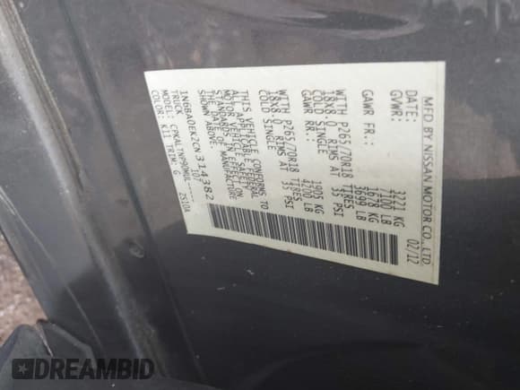 ✅ 2012 Nissan Titan SV • VIN: 1N6BA0EK2CN314382 • Lot: 42647604. Listed on IAAI with 120,862 mi. Free auction sales archive from the USA and detailed vehicle history report at DreamBid. Image 9.