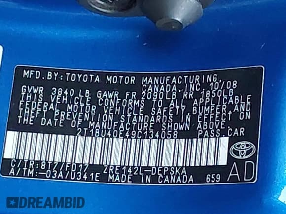 ✅ 2009 Toyota Corolla LE • VIN: 2T1BU40E49C134058 • Lot: 43612498. Listed on IAAI with 206,265 mi. Free auction sales archive from the USA and detailed vehicle history report at DreamBid. Image 9.