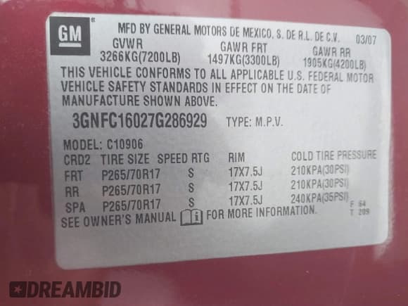 ✅ 2007 Chevrolet Suburban LT • VIN: 3GNFC16027G286929 • Lot: 41648787. Listed on IAAI with 219,212 mi. Free auction sales archive from the USA and detailed vehicle history report at DreamBid. Image 9.