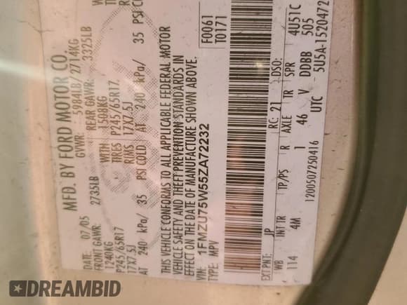 ✅ 2005 Ford Explorer Limited • VIN: 1FMZU75W55ZA72232 • Lot: 55029335. Wystawiony na Copart z przebiegiem 205 069 mil. Bezpłatny archiwum sprzedaży aukcyjnych z USA i szczegółowy raport historii pojazdu na DreamBid. Zdjęcie 12.