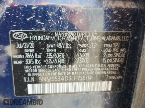 ✅ 2020 Hyundai Santa Fe Limited • VIN: 5NMS53AD3LH255114 • Lot: 62559575. Wystawiony na Copart z przebiegiem 46 977 mil. Bezpłatny archiwum sprzedaży aukcyjnych z USA i szczegółowy raport historii pojazdu na DreamBid. Zdjęcie 14.