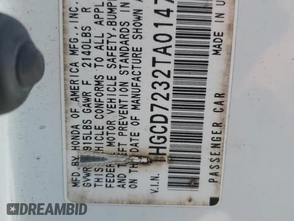 ✅ 1996 Honda Accord LX • VIN: 1HGCD7232TA014788 • Lot: 64688185. Listed on Copart with 153,240 mi. Free auction sales archive from the USA and detailed vehicle history report at DreamBid. Image 12.