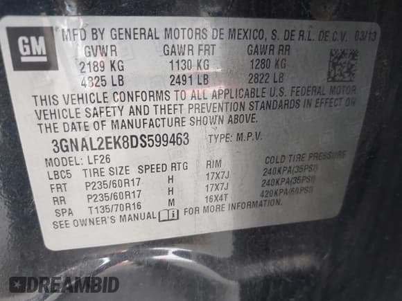 ✅ 2013 Chevrolet Captiva Sport LS • VIN: 3GNAL2EK8DS599463 • Lot: 41640921. Wystawiony na IAAI z przebiegiem 163 789 mil. Bezpłatny archiwum sprzedaży aukcyjnych z USA i szczegółowy raport historii pojazdu na DreamBid. Zdjęcie 9.