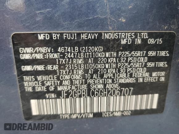 ✅ 2016 Subaru Crosstrek Touring • VIN: JF2GPBLC6GH206707 • Lot: 64907325. Listed on Copart with 210,144 mi. Free auction sales archive from the USA and detailed vehicle history report at DreamBid. Image 13.