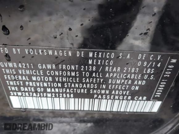 ✅ 2015 Volkswagen Jetta S • VIN: 3VW2K7AJ1FM212556 • Lot: 43845146. Listed on IAAI with 171,850 mi. Free auction sales archive from the USA and detailed vehicle history report at DreamBid. Image 9.