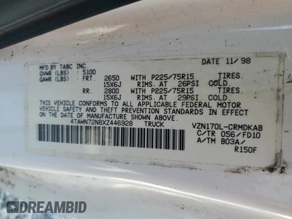 ✅ 1999 Toyota Tacoma • VIN: 4TAWN72N8XZ446928 • Lot: 82505395. Wystawiony na Copart z przebiegiem 356 632 mil. Bezpłatny archiwum sprzedaży aukcyjnych z USA i szczegółowy raport historii pojazdu na DreamBid. Zdjęcie 12.