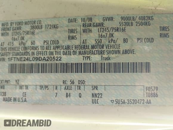 ✅ 2009 Ford Econoline Cargo • VIN: 1FTNE24L09DA20522 • Lot: 41864575. Listed on IAAI with 131,216 mi. Free auction sales archive from the USA and detailed vehicle history report at DreamBid. Image 9.