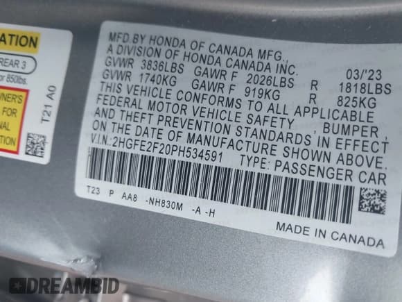 ✅ 2023 Honda Civic LX • VIN: 2HGFE2F20PH534591 • Лот: 43267850. Опубликован ранее на IAAI с пробегом 29 453 миль. Бесплатный доступ к архиву аукционных продаж из США и подробный отчёт об истории автомобиля на DreamBid. Изображение 9.