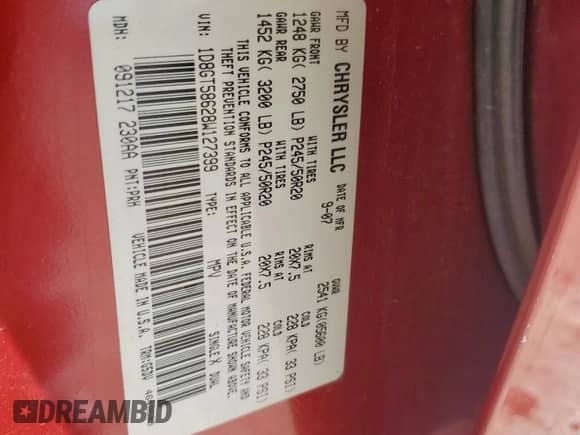 2008 Dodge Nitro R/T with VIN 1D8GT58628W127399, listed as a Copart auction lot 61335475 with 106,255 mi miles and Salvage title. Bid and sale history available at DreamBid. Image 13.