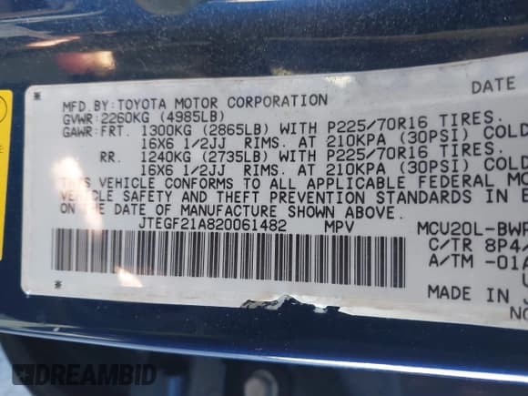 ✅ 2002 Toyota Highlander • VIN: JTEGF21A820061482 • Лот: 41450883. Опубликован ранее на IAAI с пробегом 175 821 миль. Бесплатный доступ к архиву аукционных продаж из США и подробный отчёт об истории автомобиля на DreamBid. Изображение 9.