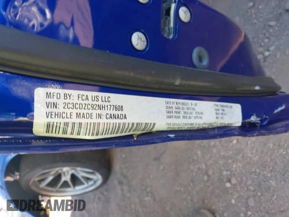 2022 Dodge Challenger SRT Hellcat with VIN 2C3CDZC92NH177608, listed as a IAAI auction lot 40596685 with 18,229 mi miles and . Bid and sale history available at DreamBid. Image 9.