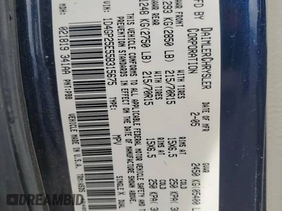 2005 Dodge Caravan SE с VIN 1D4GP25E55B315675, выставлен на аукционе Copart как лот 53794095 с пробегом 280 863 миль миль и Чистый • Clean title. История ставок и продаж доступна на DreamBid. Изображение 13.