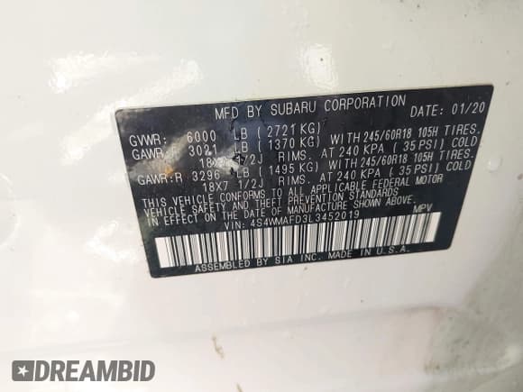 ✅ 2020 Subaru Ascent Premium • VIN: 4S4WMAFD3L3452019 • Lot: 42165731. Listed on IAAI with 168,033 mi. Free auction sales archive from the USA and detailed vehicle history report at DreamBid. Image 9.