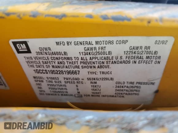 ✅ 2002 Chevrolet S-10 Fleet • VIN: 1GCCS195228196667 • Лот: 74998614. Опубликован ранее на Copart с пробегом Не указан. Бесплатный доступ к архиву аукционных продаж из США и подробный отчёт об истории автомобиля на DreamBid. Изображение 12.