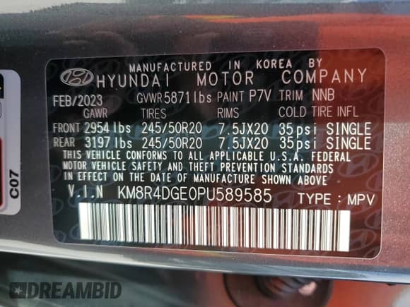 2023 Hyundai Palisade SEL с VIN KM8R4DGE0PU589585, выставлен на аукционе Copart как лот 74670494 с пробегом 8 132 миль миль и Списание • Salvage title. История ставок и продаж доступна на DreamBid. Изображение 14.