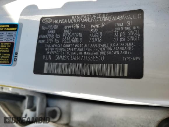 ✅ 2010 Hyundai Santa Fe Limited • VIN: 5NMSK3AB4AH338510 • Lot: 81387615. Listed on Copart with 190,045 mi. Free auction sales archive from the USA and detailed vehicle history report at DreamBid. Image 13.