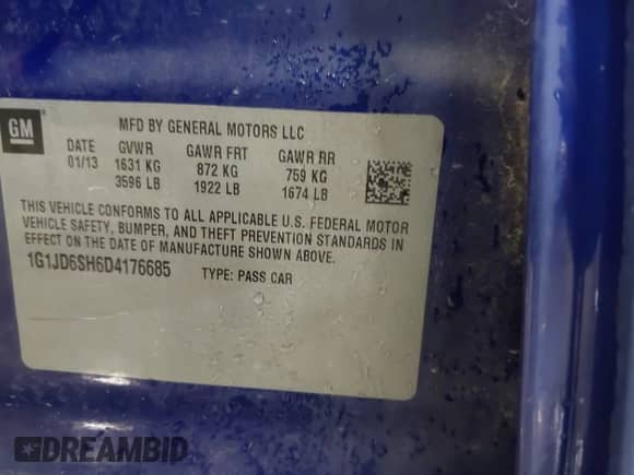 2013 Chevrolet Sonic LT with VIN 1G1JD6SH6D4176685, listed as a IAAI auction lot 42675002 with 179,279 mi miles and . Bid and sale history available at DreamBid. Image 9.