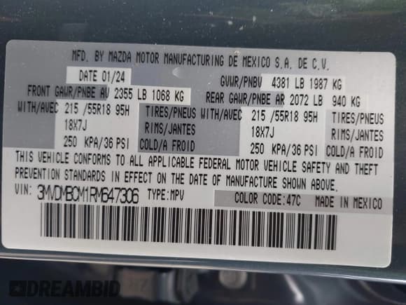 ✅ 2024 Mazda CX-30 S Preferred • VIN: 3MVDMBCM1RM647306 • Lot: 43701334. Listed on IAAI with 25,436 mi. Free auction sales archive from the USA and detailed vehicle history report at DreamBid. Image 9.