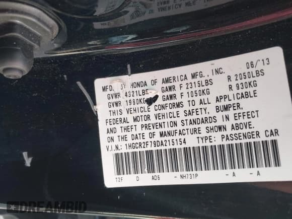 ✅ 2013 Honda Accord EX • VIN: 1HGCR2F79DA215154 • Lot: 43049707. Listed on IAAI with 217,224 mi. Free auction sales archive from the USA and detailed vehicle history report at DreamBid. Image 9.