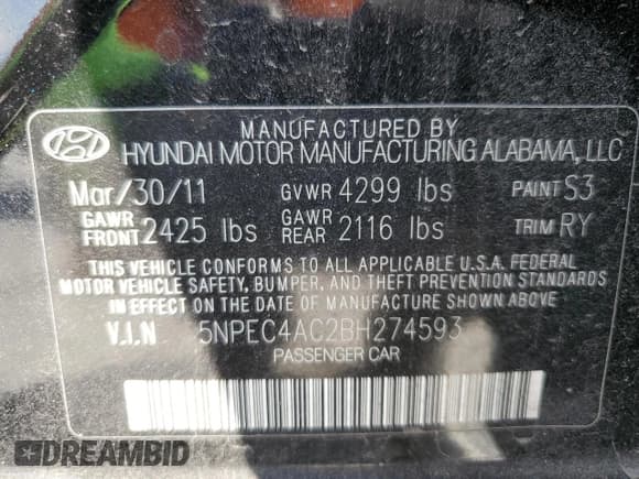 ✅ 2011 Hyundai Sonata SE • VIN: 5NPEC4AC2BH274593 • Lot: 89471885. Listed on Copart with 108,012 mi. Free auction sales archive from the USA and detailed vehicle history report at DreamBid. Image 12.