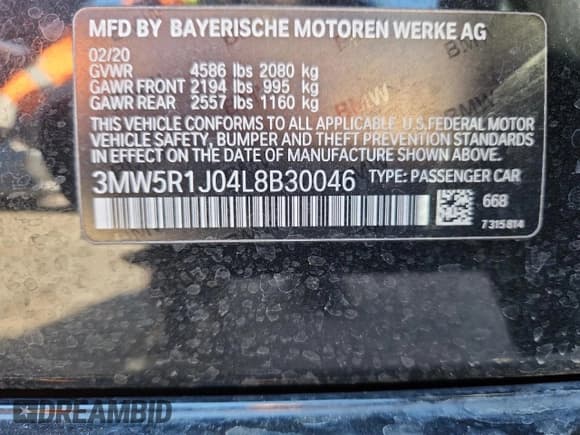 ✅ 2020 BMW 3 Series 330i • VIN: 3MW5R1J04L8B30046 • Lot: 83830485. Listed on Copart with 46,154 mi. Free auction sales archive from the USA and detailed vehicle history report at DreamBid. Image 12.