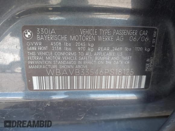 ✅ 2006 BMW 3 Series 330i • VIN: WBAVB33546PS18125 • Lot: 43156429. Listed on IAAI with 237,312 mi. Free auction sales archive from the USA and detailed vehicle history report at DreamBid. Image 9.