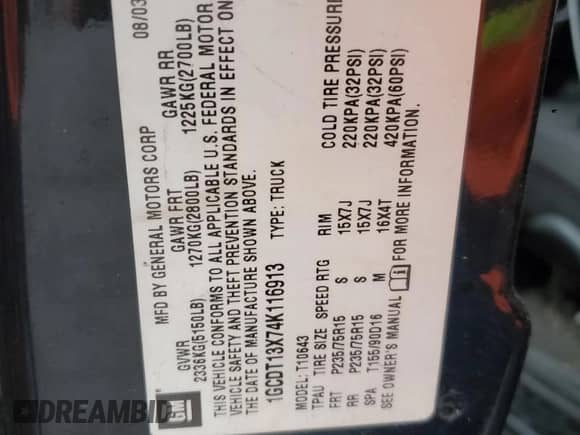 2004 Chevrolet S-10 LS z VIN 1GCDT13X74K116913, wystawiony jako Copart lot #85679345 z przebiegiem 263 416 mil mil oraz Czysty tytuł • Clean title. Historia ofert i sprzedaży dostępna na DreamBid. Obrazek 13.