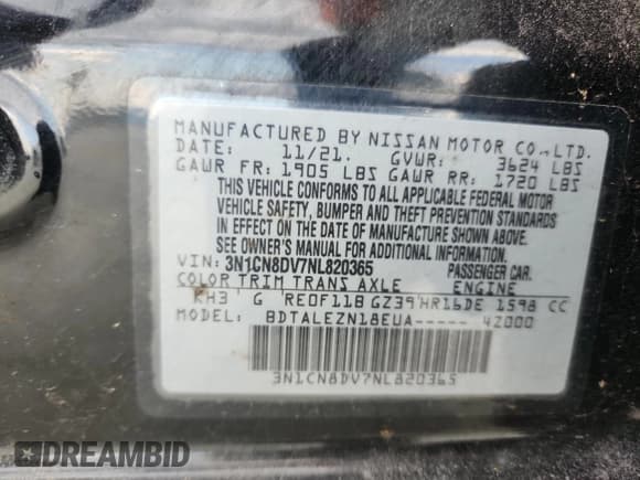 ✅ 2022 Nissan Versa S • VIN: 3N1CN8DV7NL820365 • Lot: 71463545. Wystawiony na Copart z przebiegiem 41 869 mil. Bezpłatny archiwum sprzedaży aukcyjnych z USA i szczegółowy raport historii pojazdu na DreamBid. Zdjęcie 13.