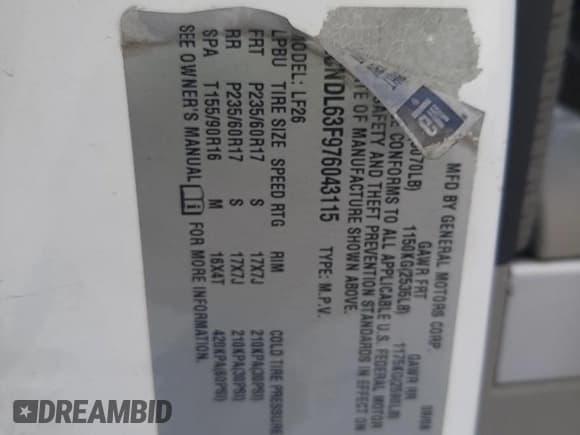 ✅ 2007 Chevrolet Equinox LT • VIN: 2CNDL63F976043115 • Лот: 87808075. Опубликован ранее на Copart с пробегом 190 803 миль. Бесплатный доступ к архиву аукционных продаж из США и подробный отчёт об истории автомобиля на DreamBid. Изображение 14.