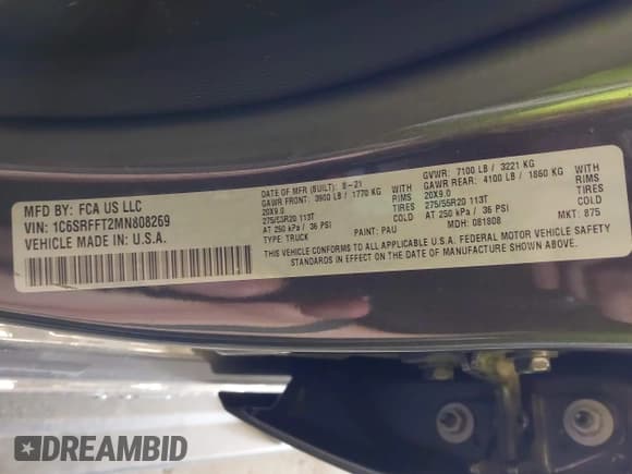 ✅ 2021 Ram 1500 Big Horn • VIN: 1C6SRFFT2MN808269 • Lot: 43218757. Listed on IAAI with 31,503 mi. Free auction sales archive from the USA and detailed vehicle history report at DreamBid. Image 9.