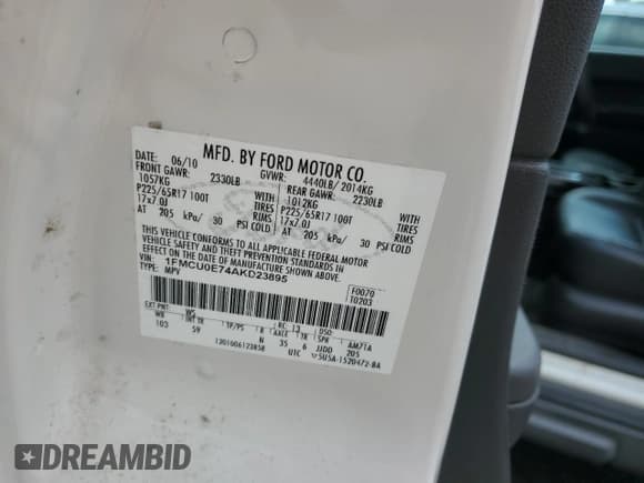 ✅ 2010 Ford Escape Limited • VIN: 1FMCU0E74AKD23895 • Lot: 68259715. Listed on Copart with 164,828 mi. Free auction sales archive from the USA and detailed vehicle history report at DreamBid. Image 13.