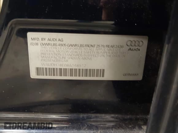 ✅ 2008 Audi A4 3.2L • VIN: WAUDH78E08A148512 • Lot: 43797636. Listed on IAAI with 181,949 mi. Free auction sales archive from the USA and detailed vehicle history report at DreamBid. Image 9.