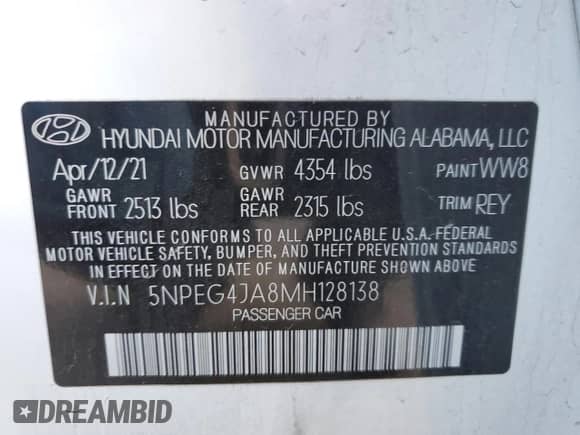 ✅ 2021 Hyundai Sonata SE • VIN: 5NPEG4JA8MH128138 • Lot: 71256662. Listed on Copart with 39,065 mi miles. Access the free auction sales archive from the USA and view a detailed vehicle history report at DreamBid. Image 12.