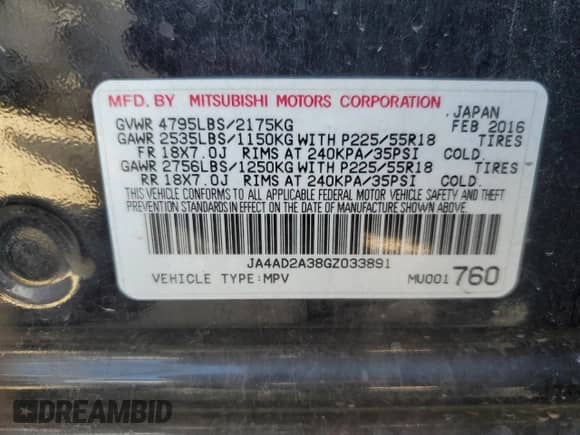 2016 Mitsubishi Outlander ES с VIN JA4AD2A38GZ033891, выставлен на аукционе Copart как лот 82713265 с пробегом 216 589 миль миль и Чистый • Clean title. История ставок и продаж доступна на DreamBid. Изображение 12.