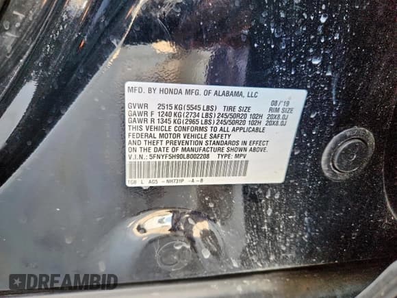 ✅ 2020 Honda Pilot Touring 8-Passenger • VIN: 5FNYF5H90LB002208 • Lot: 71785545. Wystawiony na Copart z przebiegiem 46 592 mil. Bezpłatny archiwum sprzedaży aukcyjnych z USA i szczegółowy raport historii pojazdu na DreamBid. Zdjęcie 13.