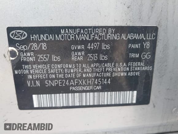 ✅ 2019 Hyundai Sonata SE • VIN: 5NPE24AFXKH745144 • Lot: 42001323. Listed on IAAI with Not provided. Free auction sales archive from the USA and detailed vehicle history report at DreamBid. Image 9.