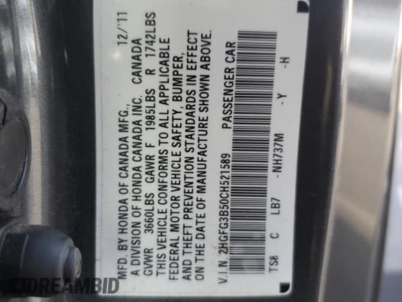 ✅ 2012 Honda Civic LX • VIN: 2HGFG3B50CH521589 • Lot: 90882595. Wystawiony na Copart z przebiegiem 95 724 mil. Bezpłatny archiwum sprzedaży aukcyjnych z USA i szczegółowy raport historii pojazdu na DreamBid. Zdjęcie 12.