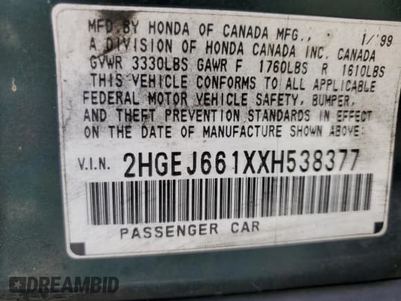 ✅ 1999 Honda Civic VP • VIN: 2HGEJ661XXH538377 • Lot: 68678475. Wystawiony na Copart z przebiegiem 234 580 mil. Bezpłatny archiwum sprzedaży aukcyjnych z USA i szczegółowy raport historii pojazdu na DreamBid. Zdjęcie 12.
