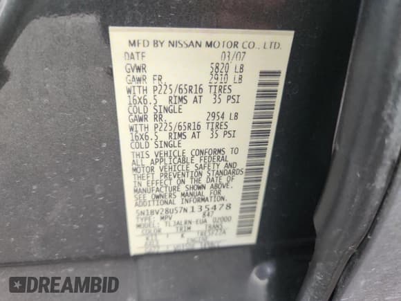 ✅ 2007 Nissan Quest SE • VIN: 5N1BV28U57N135478 • Lot: 84384685. Listed on Copart with 171,325 mi. Free auction sales archive from the USA and detailed vehicle history report at DreamBid. Image 13.